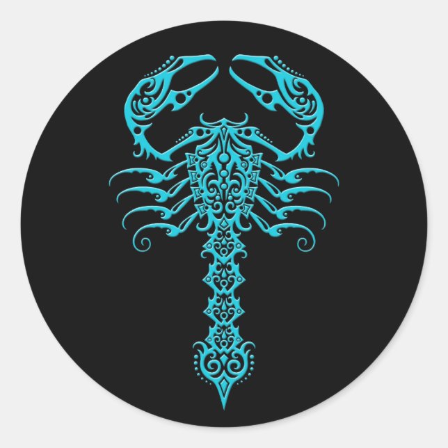 Blue and Black Tribal Scorpion Classic Round Sticker (Front)