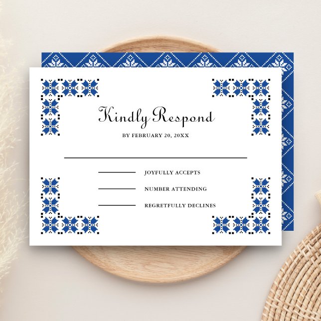 Blue and Black Ukrainian Embroidery Wedding RSVP Card (Creator Uploaded)
