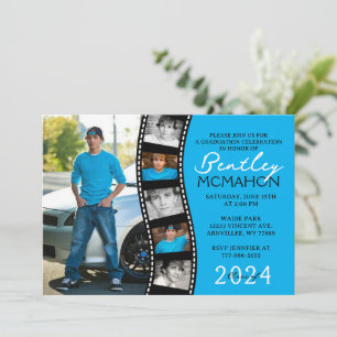 Blue and Black Unique Filmstrip 6 Photo Graduation Invitation