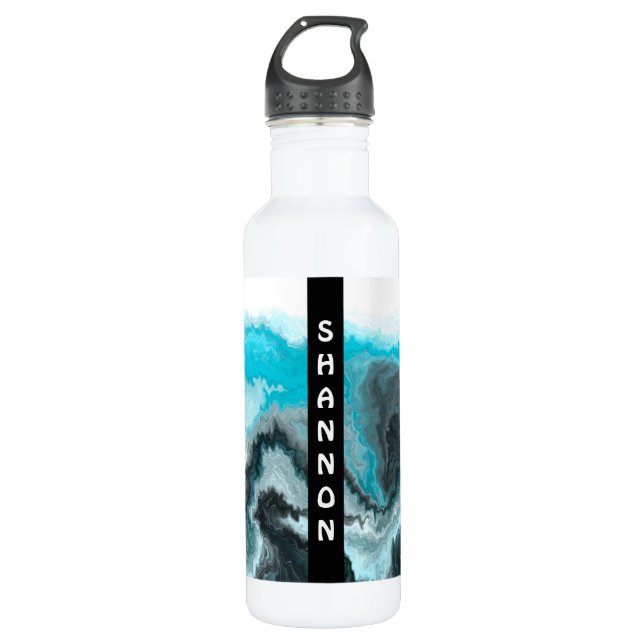 Blue and Black Wave Personalised Marble Fluid Art  710 Ml Water Bottle (Front)