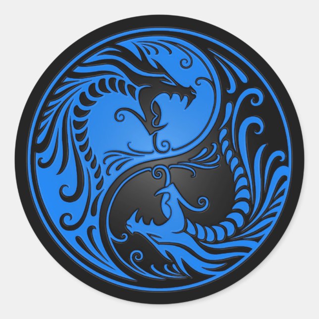 Blue and Black Yin Yang Dragons Classic Round Sticker (Front)