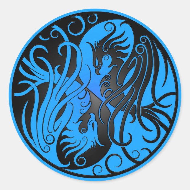 Blue and Black Yin Yang Phoenix Classic Round Sticker (Front)