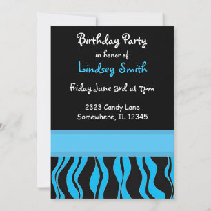 Blue and Black Zebra Print Birthday Invitation