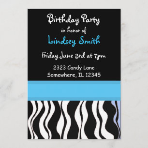 Blue and Black Zebra Print Birthday Invitation