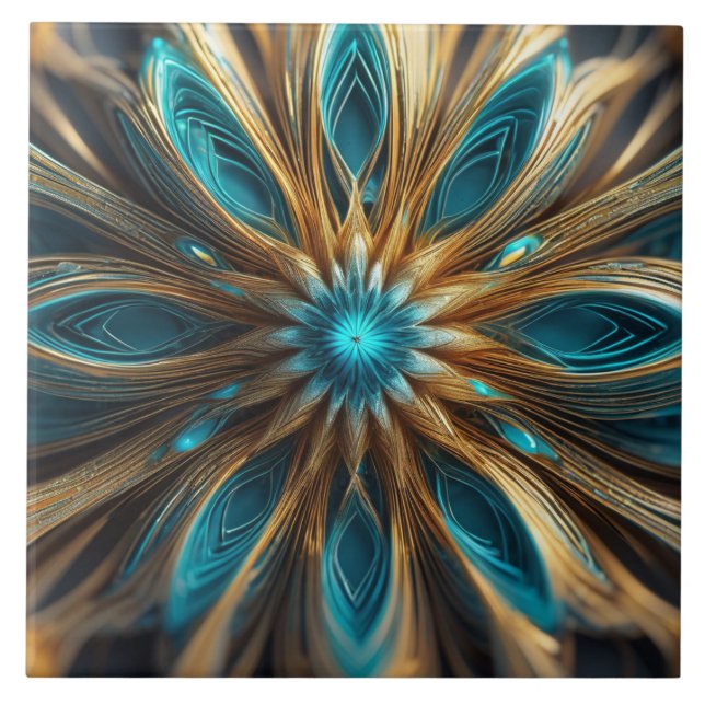 Blue and Blonde Floral Radial 3-d Abstract Tile (Front)
