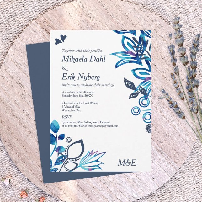 Blue and Blue-Grey Floral Pattern Wedding Invitation (navy blue, light blue, and turquoise wedding invitations, winter blue wedding theme)