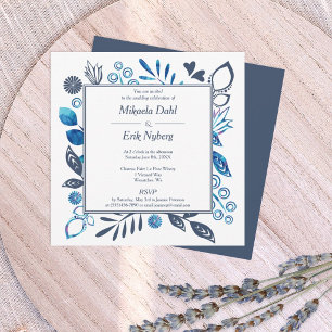 Blue and Blue Grey Leaves Flowers Border Wedding Invitation
