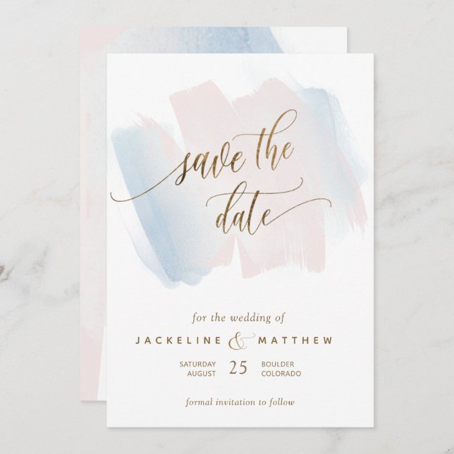 Blue and Blush Brush Strokes, Minimal Wedding Save The Date (Front/Back)