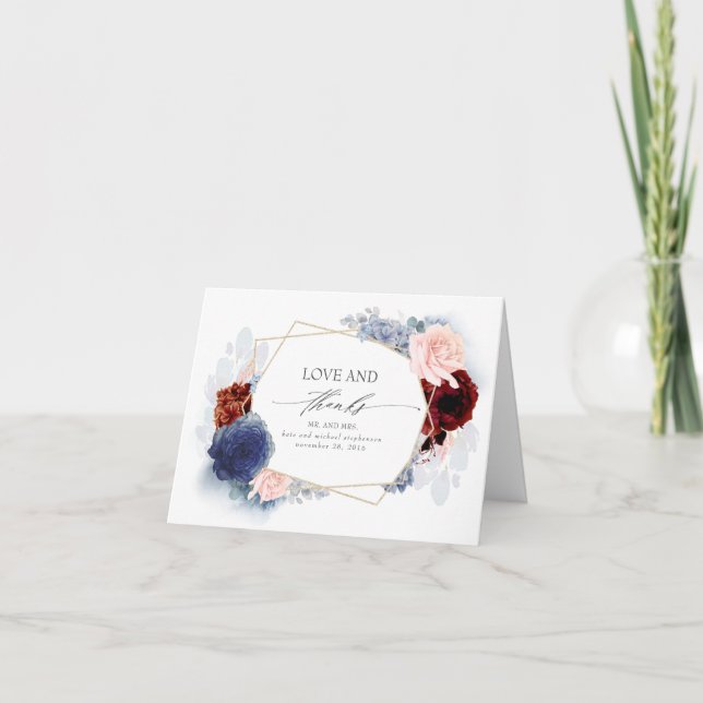 Blue and Blush Burgundy Flowers Wedding Thank You (Front)