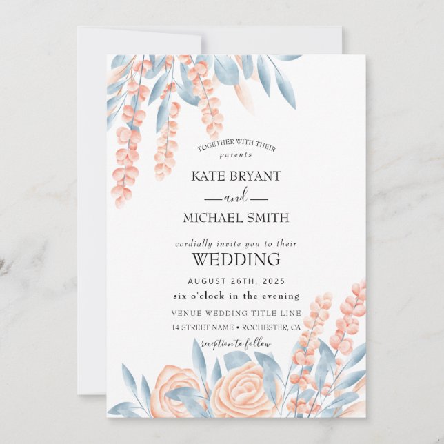 Blue and Blush Dusty Floral Wedding Invitation (Front)