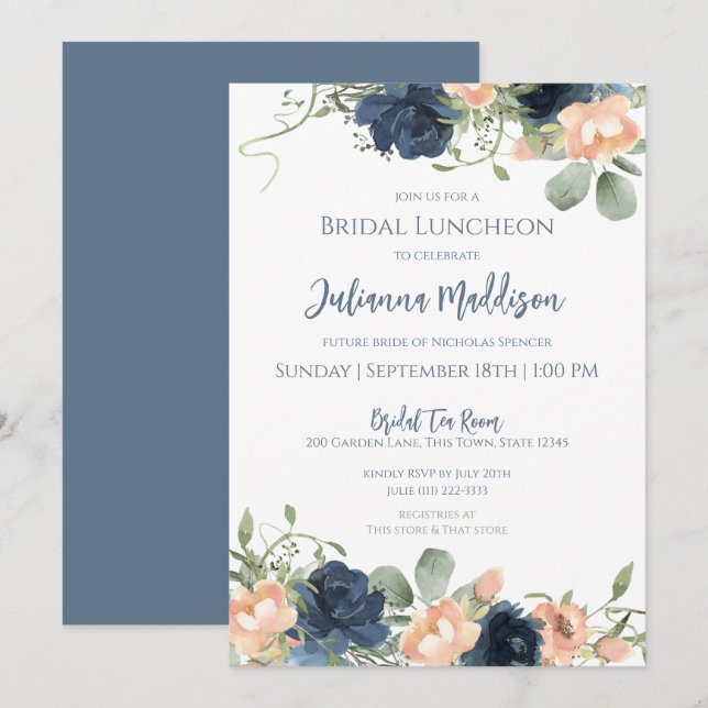 Blue and Blush Floral Bridal Luncheon Invitation (Front/Back)
