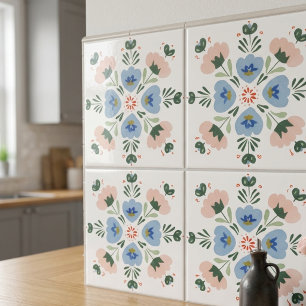 Blue and Blush Floral Folk Art Decorative Ceramic Tile