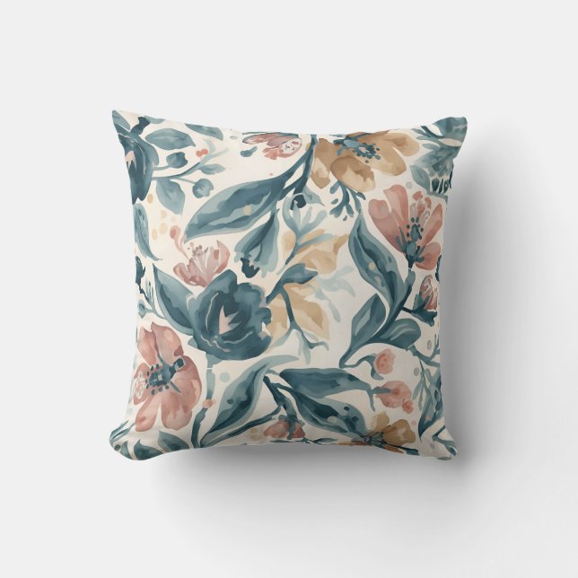 Blue and Blush Floral Pattern Cushion (Front)