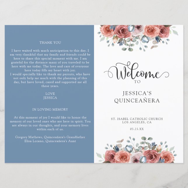 Blue and Blush Floral Quinceanera Program (Front)