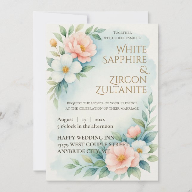 Blue and Blush Floral Wedding Invitation (Front)