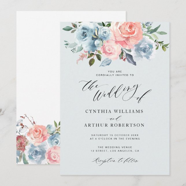 blue and blush floral wedding invitation (Front/Back)