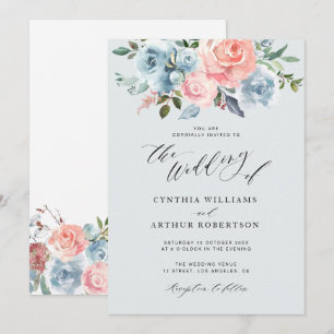 blue and blush floral wedding invitation