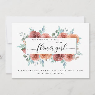 Blue and Blush Peach Floral Be My Flower Girl Card
