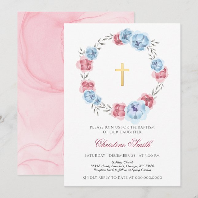 Blue And Blush Pink Floral Girl Boy Baptism  Invitation (Front/Back)