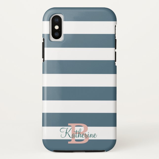 blue and blush preppy stripes monogram Case-Mate iPhone case (Back)