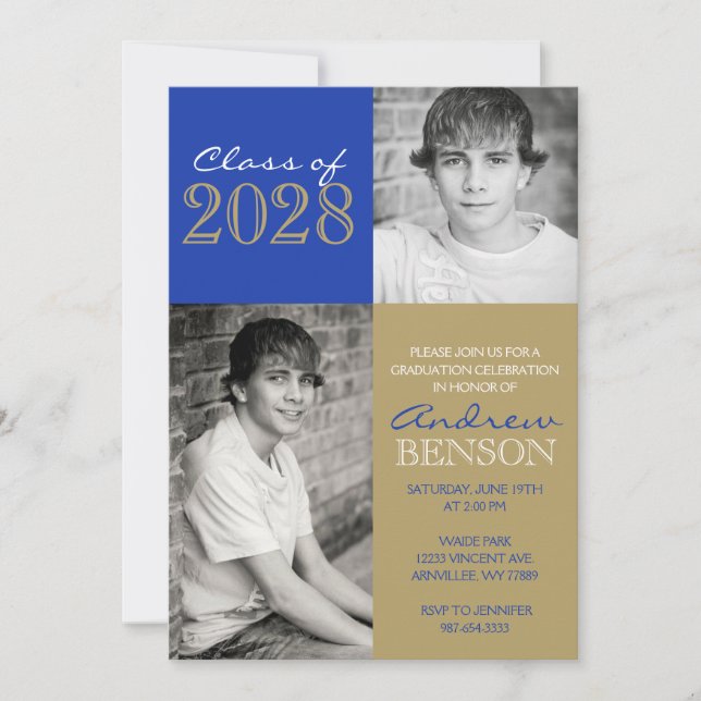 Blue and Bronze Gold Classic 2 Photo Graduation Invitation (Front)
