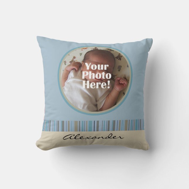Blue and Brown Baby Boy Custom Photo/Name Pillow (Front)