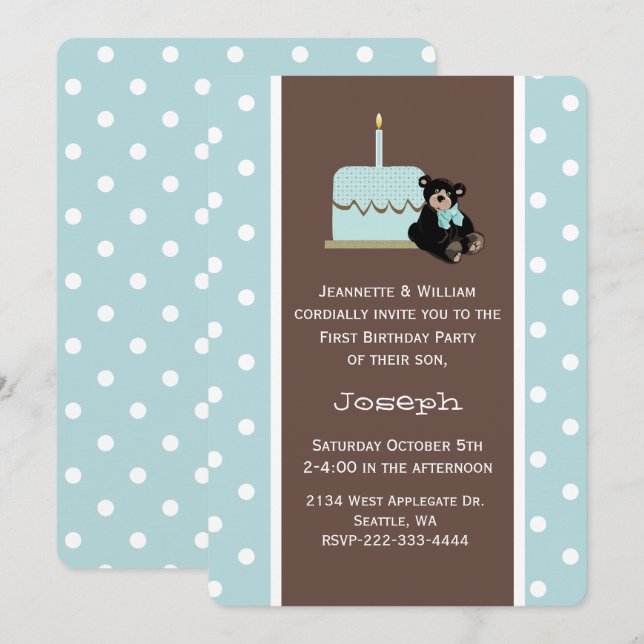 Blue and Brown Baby's First Birthday Invitation (Front/Back)