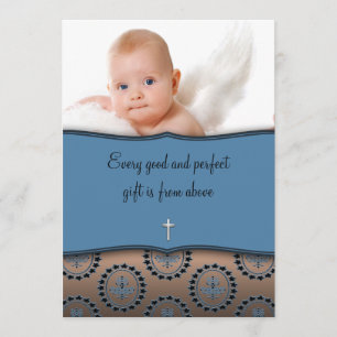 Blue and Brown Boy Photo Christening Invitation