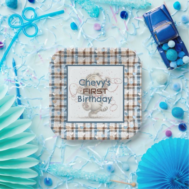 Blue and Brown Chequered Hearts   Paper Plate (Party)