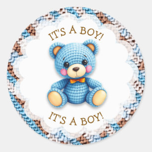 Blue and Brown Crocheted Teddy Bear It's a Boy Classic Round Sticker