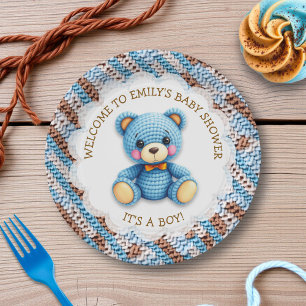 Blue and Brown Crocheted Teddy Bear It's a Boy Paper Plate
