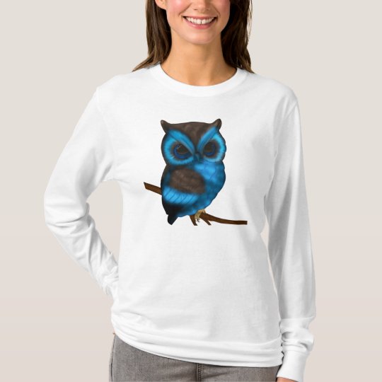 Blue And Brown Cute Owl On Branch Ladies Top