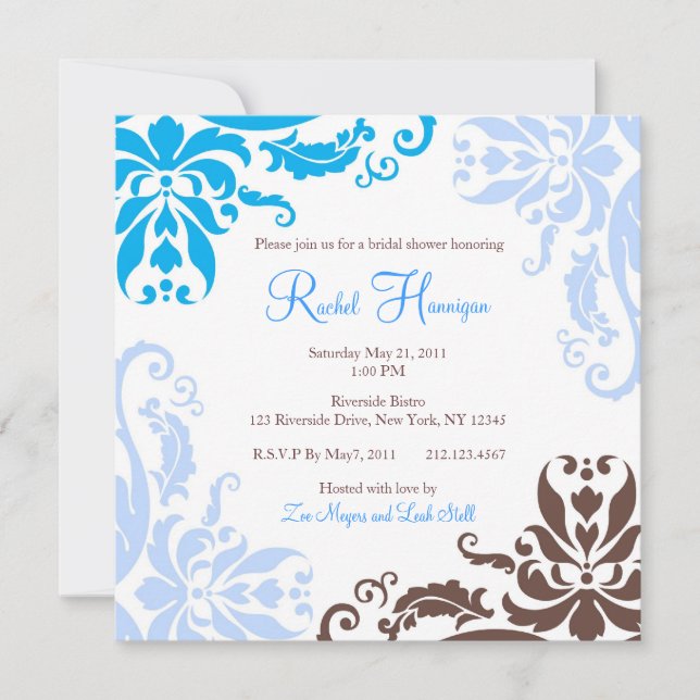 Blue and Brown Damask Bridal Shower Invite (Front)