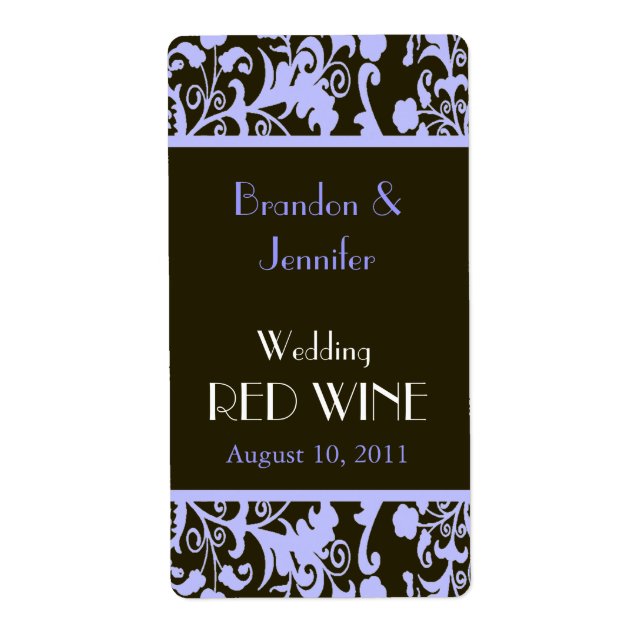 Blue and Brown Damask Wedding Mini Wine Labels (Front)