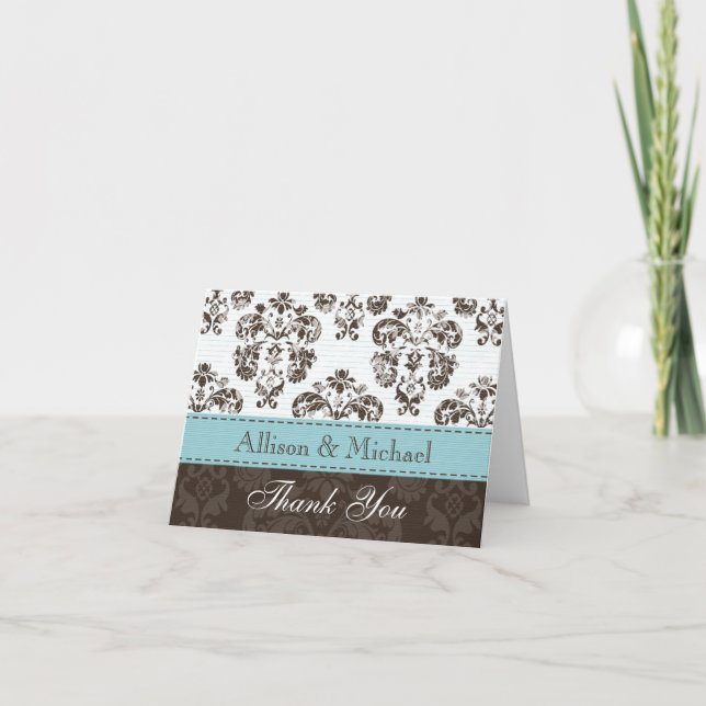 Blue and Brown Damask Wedding Thank You No (Front)