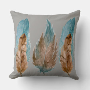 Blue and Brown Feather Throw Pillow