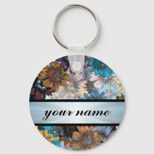 Blue and brown floral pattern key ring