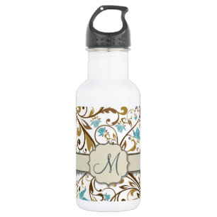 Blue and Brown Floral Vine Pattern with Monogram 532 Ml Water Bottle