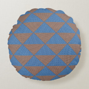 Blue and Brown Geometric Diamond Pattern Modern Round Cushion