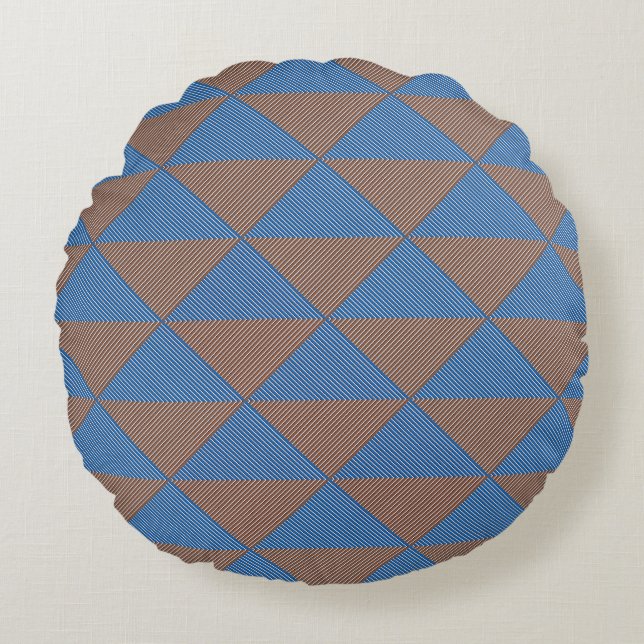 Blue and Brown Geometric Diamond Pattern | Modern  Round Cushion (Front)