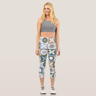 Blue and Brown Geometric Tile Mosaic Pattern Capri Leggings