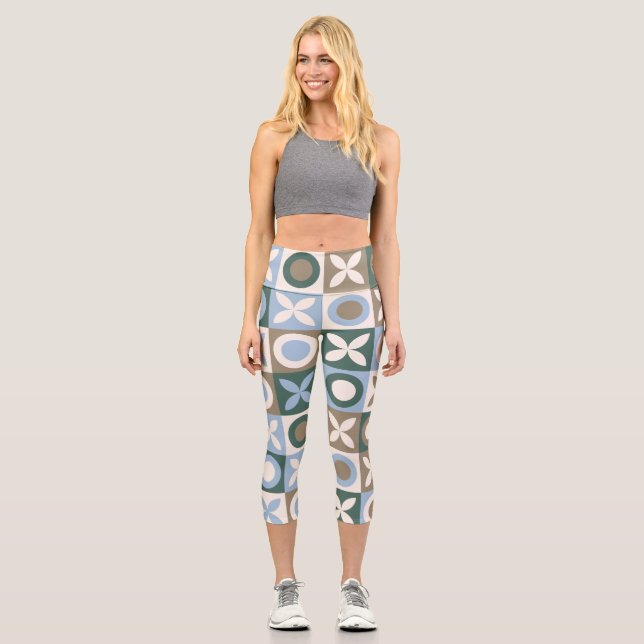 Blue and Brown Geometric Tile Mosaic Pattern Capri Leggings (Front)