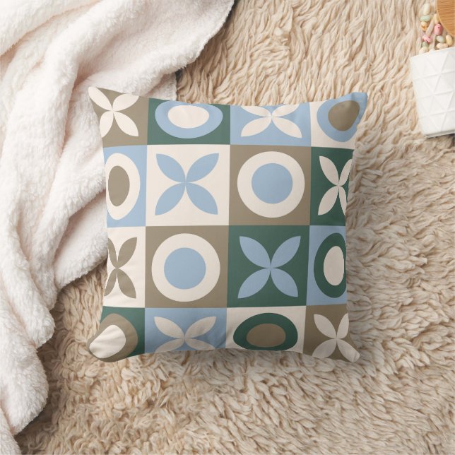 Blue and Brown Geometric Tile Mosaic Pattern Cushion (Blanket)