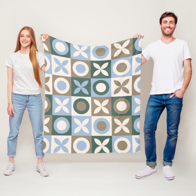Blue and Brown Geometric Tile Mosaic Pattern Fleece Blanket (In Situ)