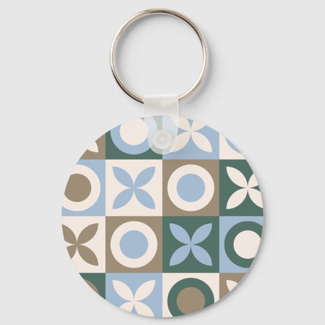 Blue and Brown Geometric Tile Mosaic Pattern Key Ring (Front)