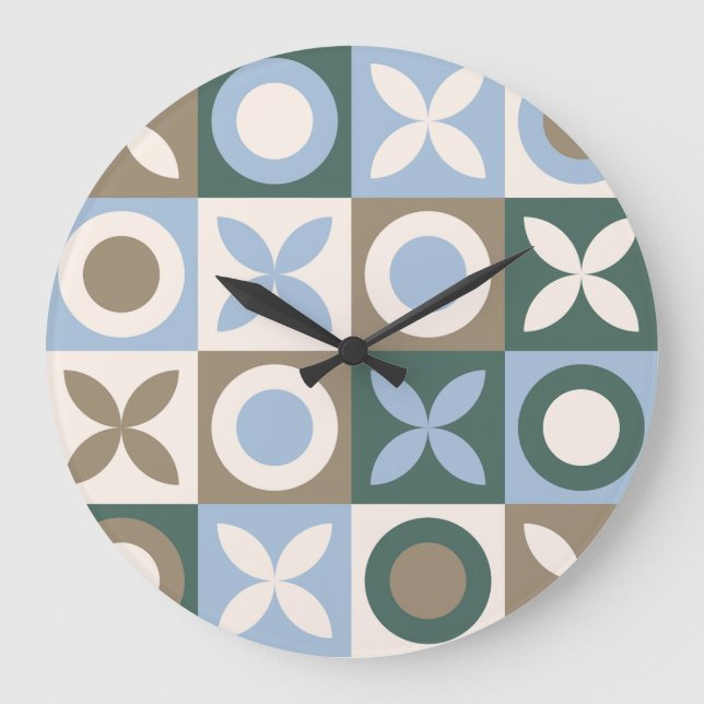 Blue and Brown Geometric Tile Mosaic Pattern Large Clock (Front)