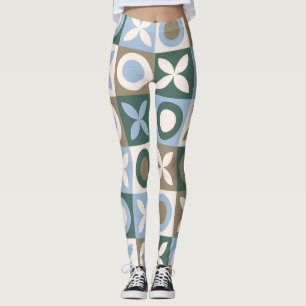 Blue and Brown Geometric Tile Mosaic Pattern Leggings