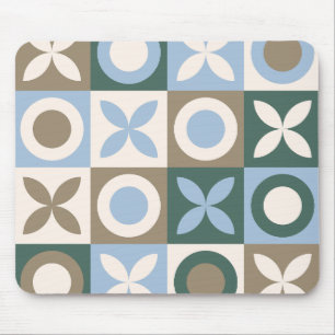 Blue and Brown Geometric Tile Mosaic Pattern Mouse Mat