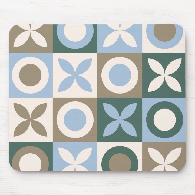 Blue and Brown Geometric Tile Mosaic Pattern Mouse Mat (Front)