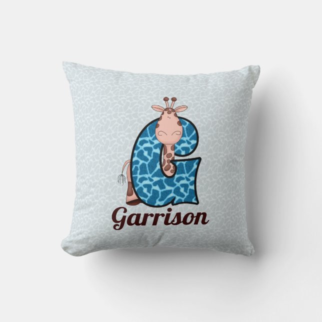 Blue and Brown Giraffe Kid's Monogram G Cushion (Front)